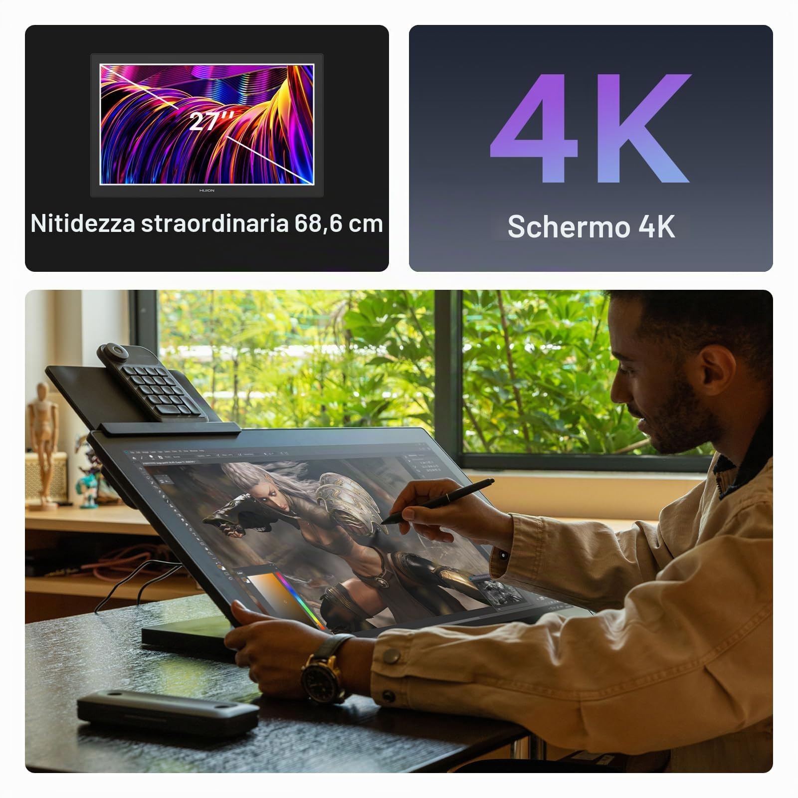 HUION KAMVAS Pro 27 4K UHD Tavoletta da disegno con schermo, penna PenTech 4.0 senza batteria con tablet grafico antiriflesso di seconda generazione, schermo multi-touch 98% Adobe RGB per artisti