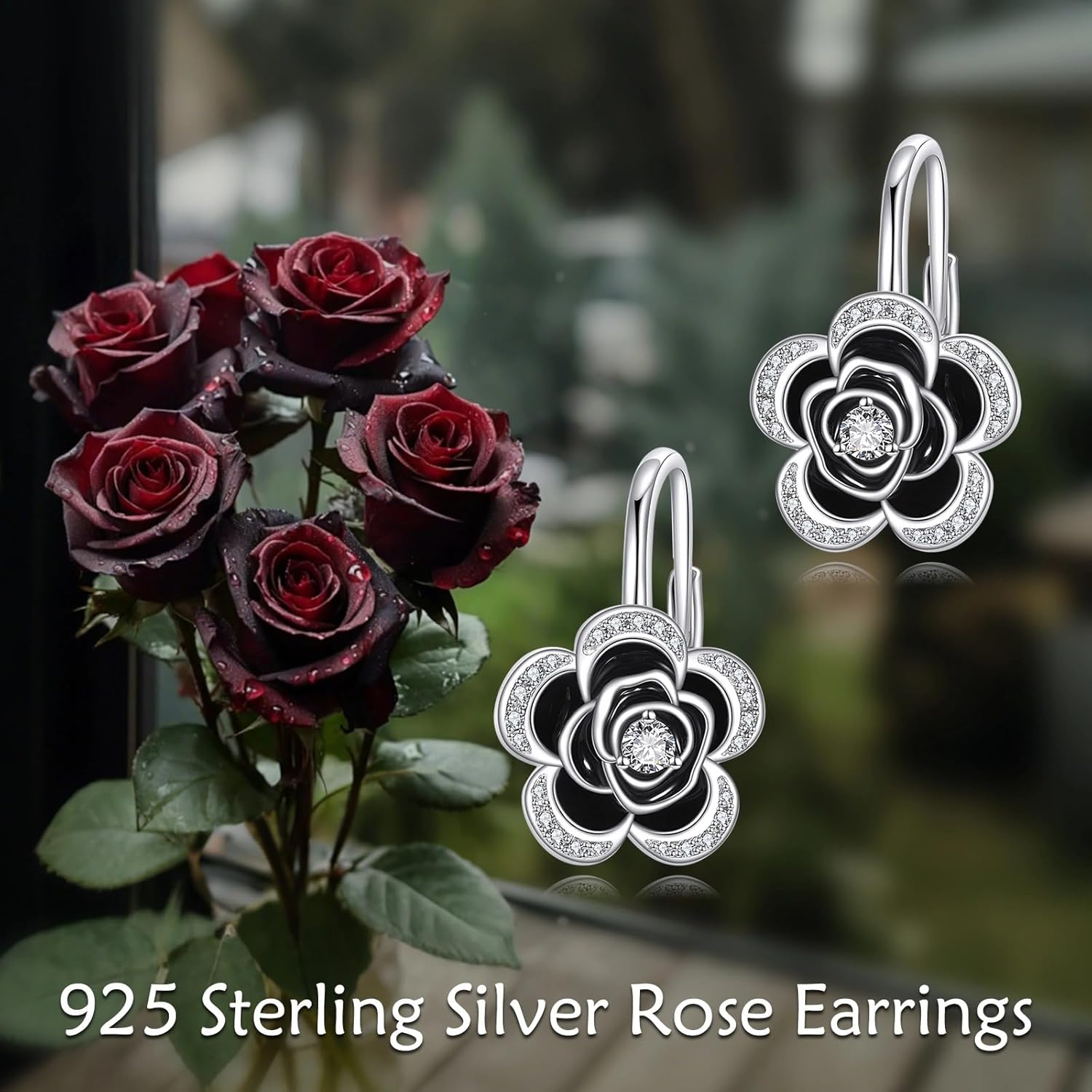 Rose Flower Earrings for Women Sterling Silver Black Rose Hoop Earrings with Cubic Zirconia Elegant Flower Jewelry Gift for Her Christmas Birthday - Image 6