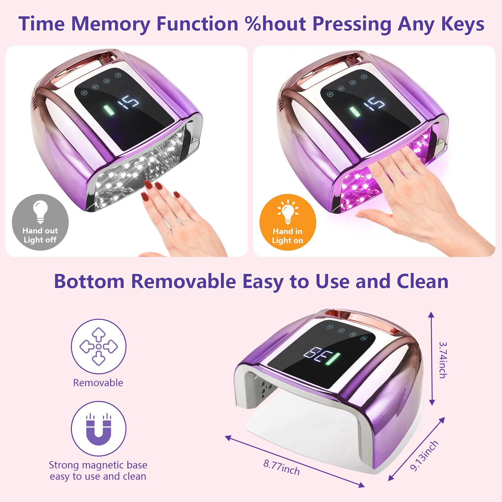 Professional Rechargeable UV LED 96W Portable Cordless UV Light for Nail Lamp Machine with Removable Stainless Steel Bottom,4 Timer Setting and Smart Sensor Nail Dryer (Purple&Pink)