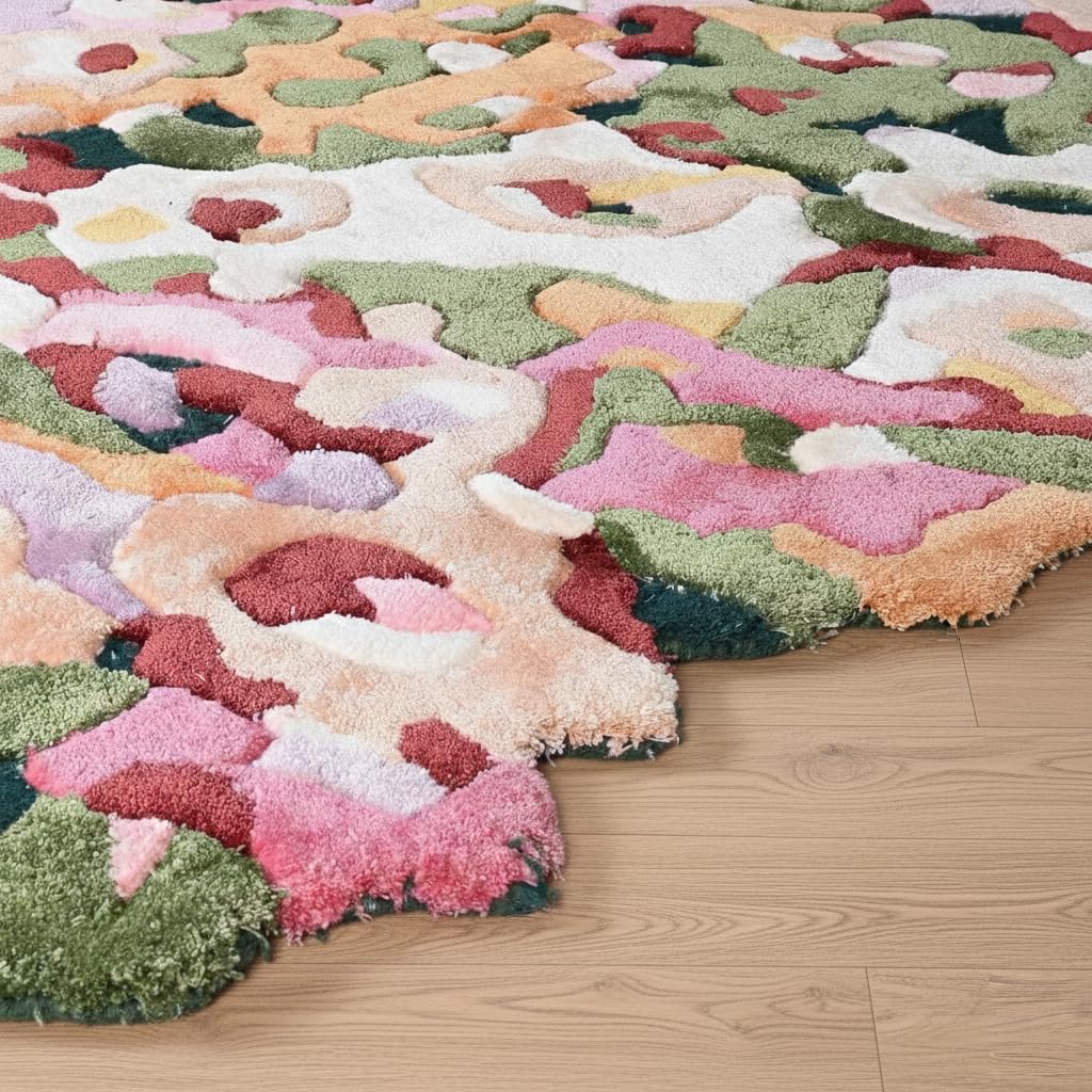 Handmade Colorful Floral Viscose & Wool Area Rug - Spring Garden Overflow The Frame - Unique Irregular Shape Flower Rug | for Home Decor (Colorful-Viscose, 2.6' x 8')