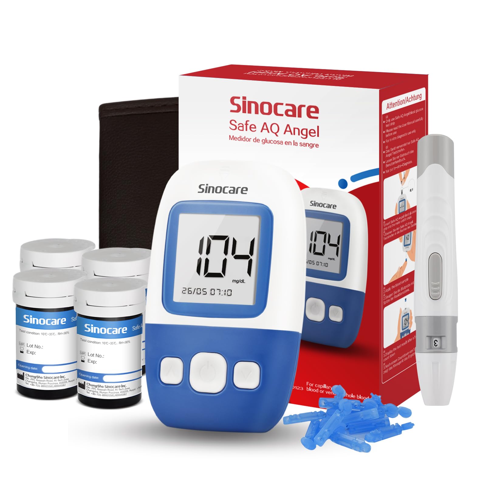 sinocare Blood Glucose Meter, Glucometer, 100 x Blood Glucose Test Strips and Puncture Device - mg/dL(Safe AQ Angel) ClimatePartner certified