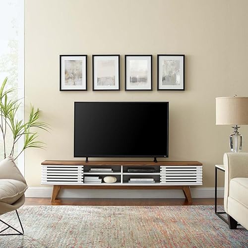 Miniatura 3 de Modway Render Mid-Century - Mueble de TV moderno de perfil bajo de 70 pulgadas para consola multimedia en color blanco nogal, 70 pulgadas Blanco de