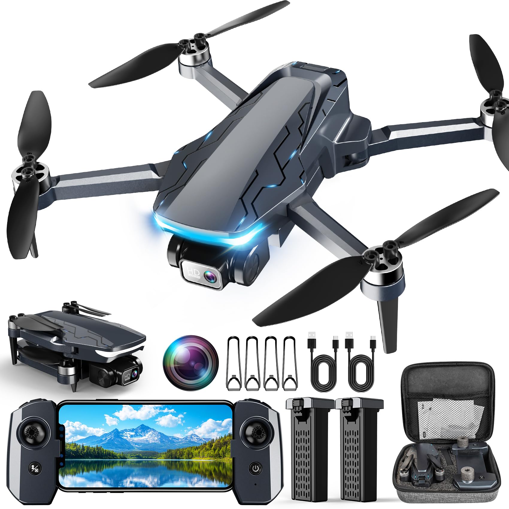 Drone with Camera, 2K HD FPV Drones with GPS Auto Return, Circle Fly, Waypoint Fly, 5G Transmission, Gestures Selfie, Brushless Motor, Lightweight Foldable Drone for Kids Adults Beginner, 2 Batteries