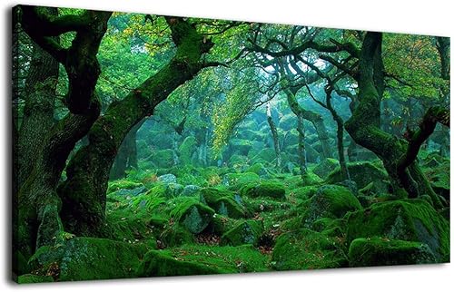 Lienzo de bosque verde para pared, decoración de sala de estar, árboles grandes, imagen de naturaleza, lienzo moderno y grande, arte de madera