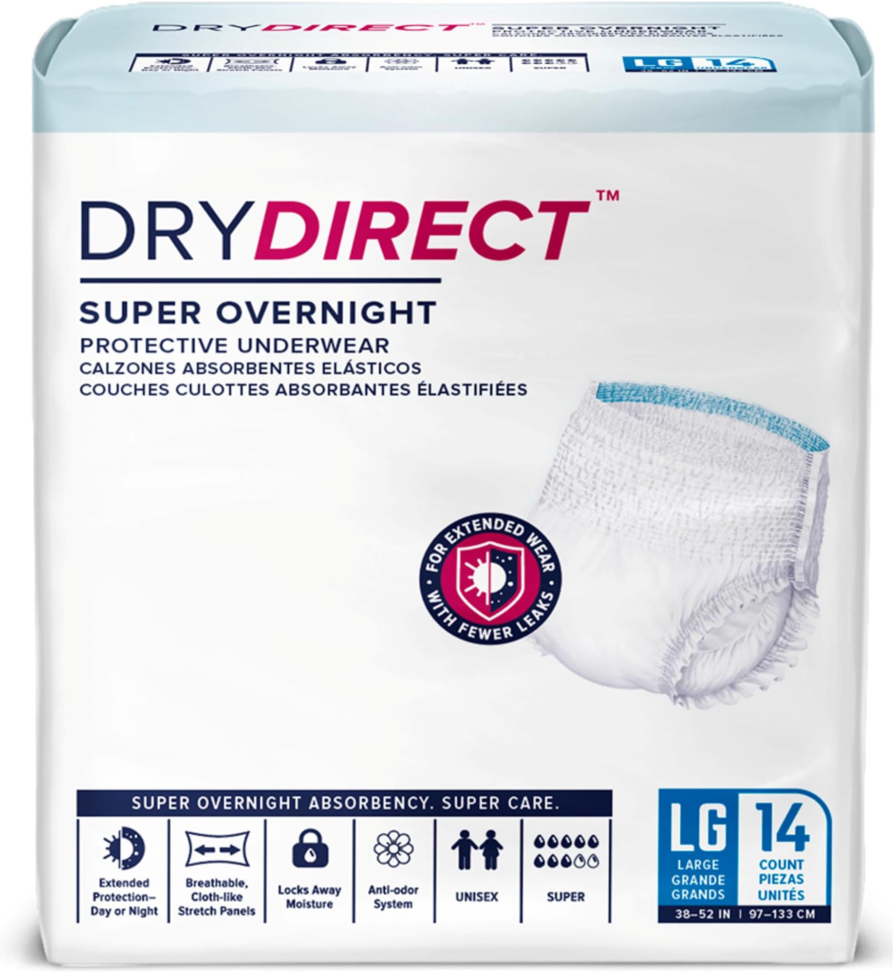 Dry Direct Super Overnight Underwear, Soft Cloth-Like Adult Diapers, Overnight Disposable Incontinence Protection - Large (Pack of 14)