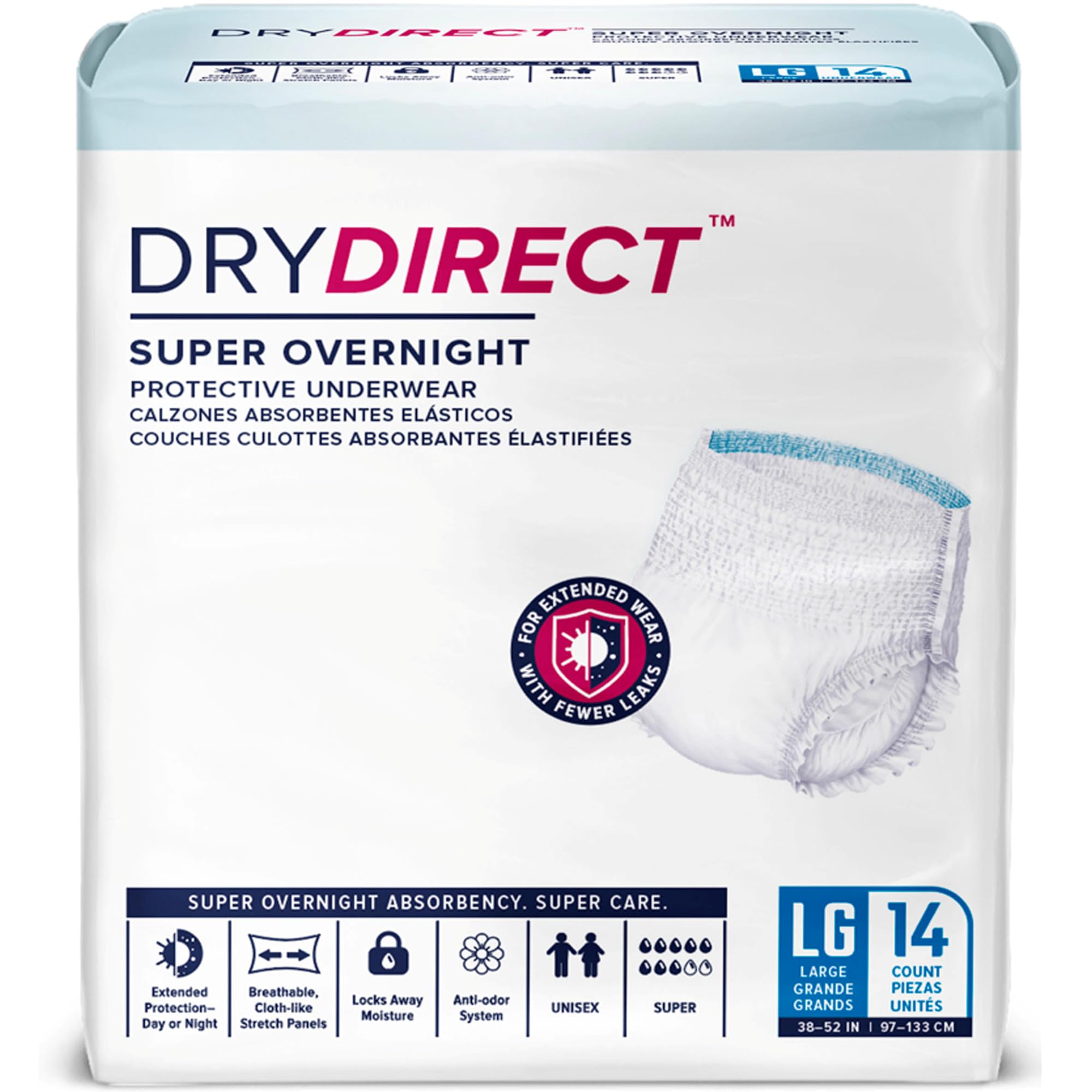 Dry Direct Super Overnight Underwear, Soft Cloth-Like Adult Diapers, Overnight Disposable Incontinence Protection - Large (Pack of 14)