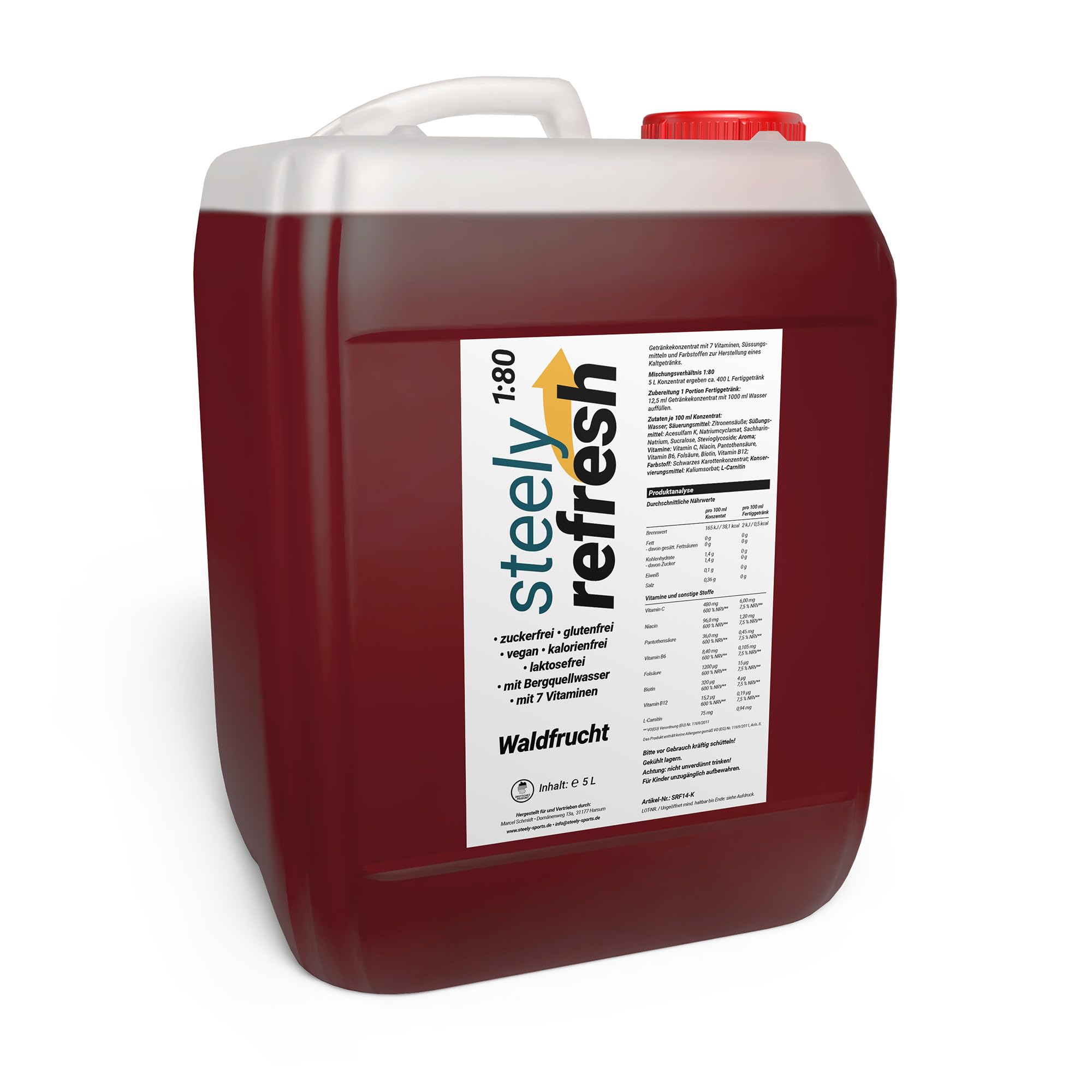 SteelyRefresh Sirup Waldfrucht, zuckerfreier Getränkesirup mit Vitaminen, 5 L Kanister ergibt bis zu 400 L Getränk, Konzentrat für Getränkeanlagen in Fitnessstudios, Hotels