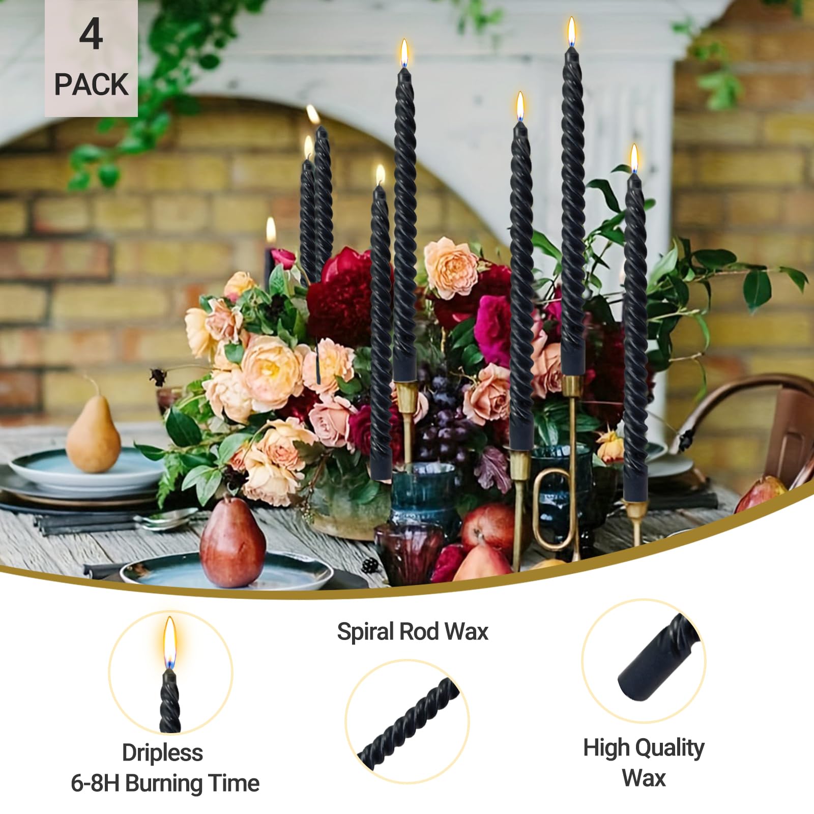 Konische schwarze Spiralkerzen, 25,4 cm (10 Zoll), für Abendessen, Partys, Halloween-Heimdekoration, Packung mit 4 gedrehten Kerzenleuchtern für Wiccan-Rituale, Bestattungsdienste und