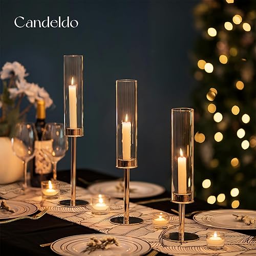Miniatura 2 de Candelabro dorado de huracán candelabros cónicos para mesa de cristal de boda, centro de mesa para mesas de comedor, juego de 3 candelabros altos