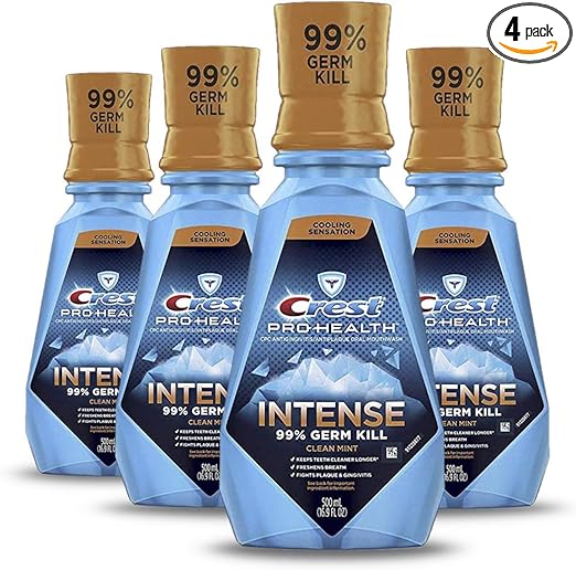Crest Pro Health Intense Mouthwash with CPC (Cetylpyridinium Chloride), Clean Mint, 33.8 Fluid Ounce (Pack of 4)