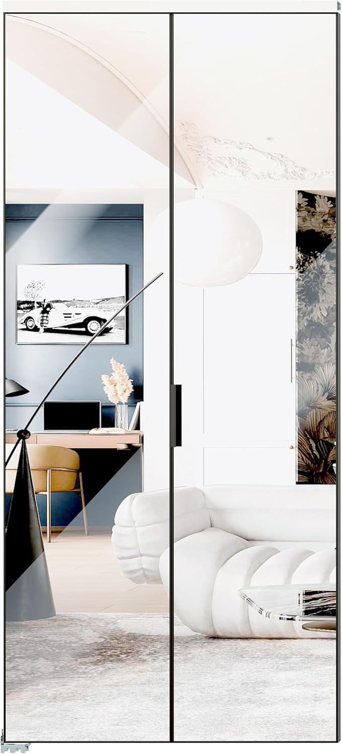 1-Lite Mirror Aluminum Alloy Bifold Doors, Perfect for 36'' x 80'' Openings, Interior Closet Door wtih Sliding Hardware Kit, Folding Door for Bedroom, Black