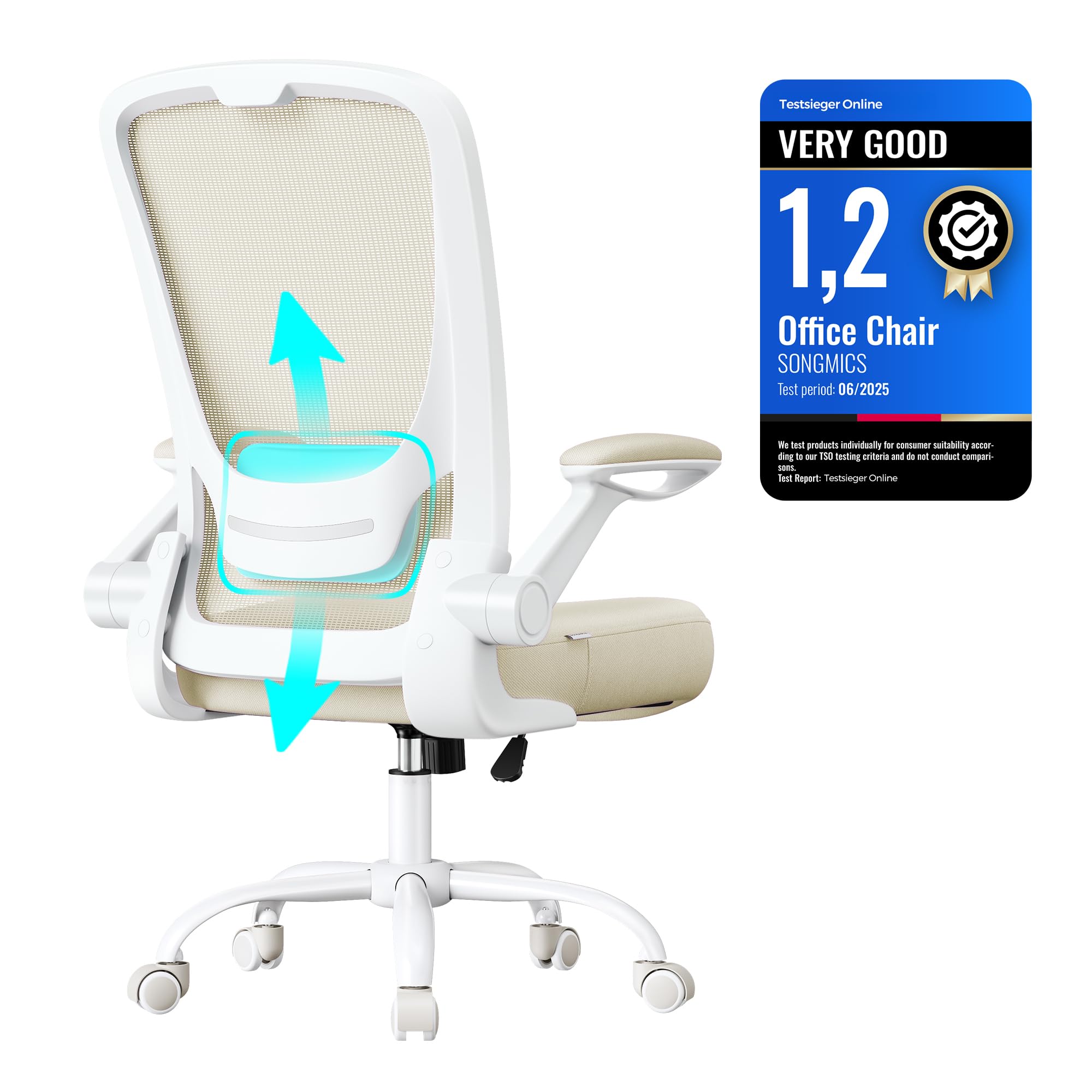 Songmics Mesh Office Desk Chair, Ergonomic Swivel Chair, Folding Armrests, Beige