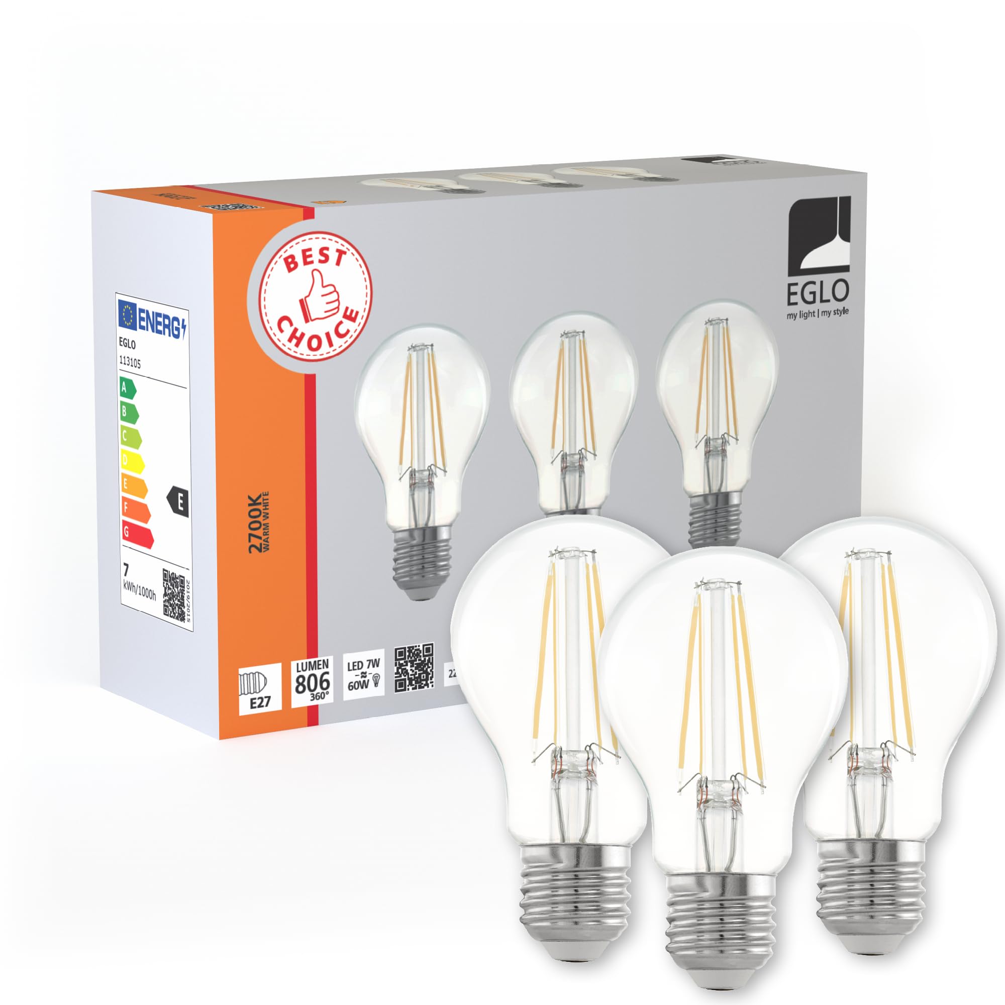 Eglo Set of 3 E27 LED Light Bulbs, Classic Lightbulbs