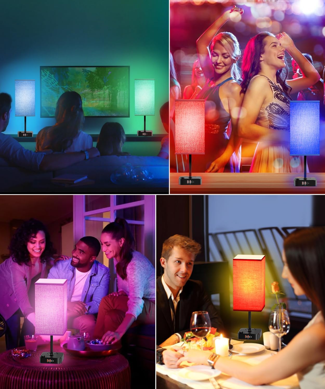Bluetooth/WiFi RGB & USB Bedside Table Lamp with 3 USB Charging Ports 2 Outlets Power Strip, LED Light Bulb Dimmable, Music Sync Color Changing Light (RGB - Red Shade)