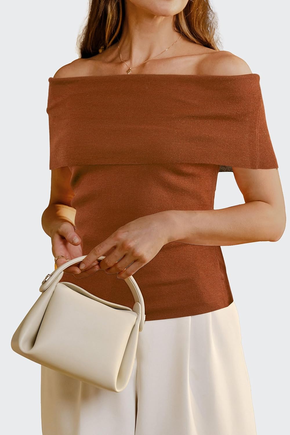 Arach&Cloz Women's Convertible Neckline Off-Shoulder Cowl Neck Slim Fit Tops 2025 - Image 3