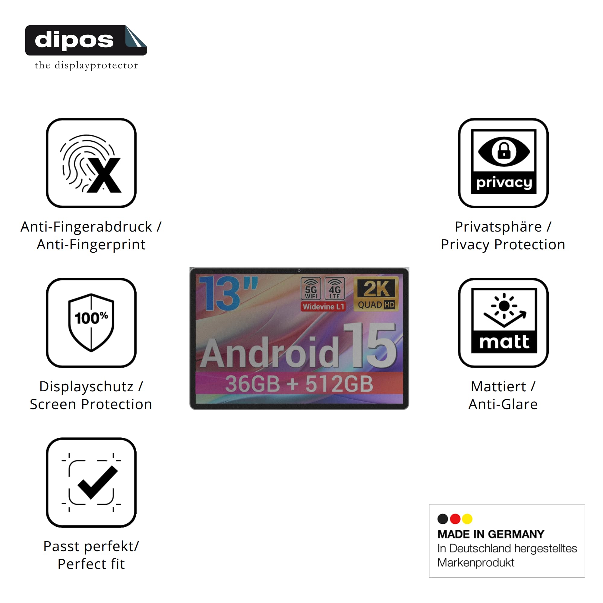 dipos Protector de Pantalla Antiespía para BEYNIVAN Z120 | Película protectora mate, filtro de privacidad 4 vías, ajuste perfecto, antiarañazos, sin burbujas, autoadhesivo
