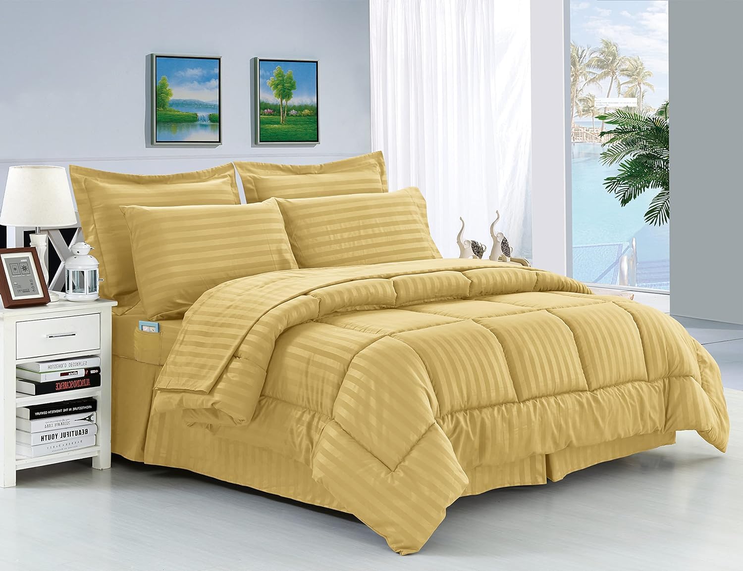 Wrinkle Resistant - Silky Soft Dobby Stripe Bed-in-a-Bag 8-Piece Comforter Set - Full/Queen, Gold