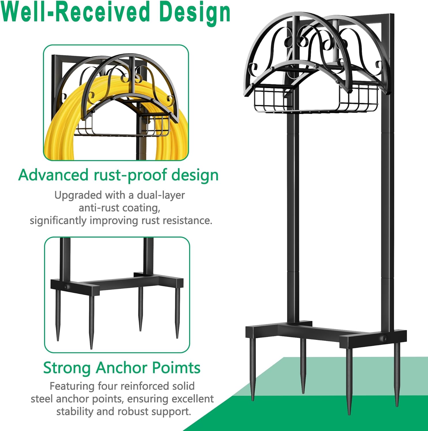 Garden Hose Holder Freestanding, Water Hose Holder Hose Hanger Heavy Duty Metal Hose Stand Holds 160-feet Hose, Outdoor Hose Organizer Sturdy Garden Hose Storage Rack for Outside