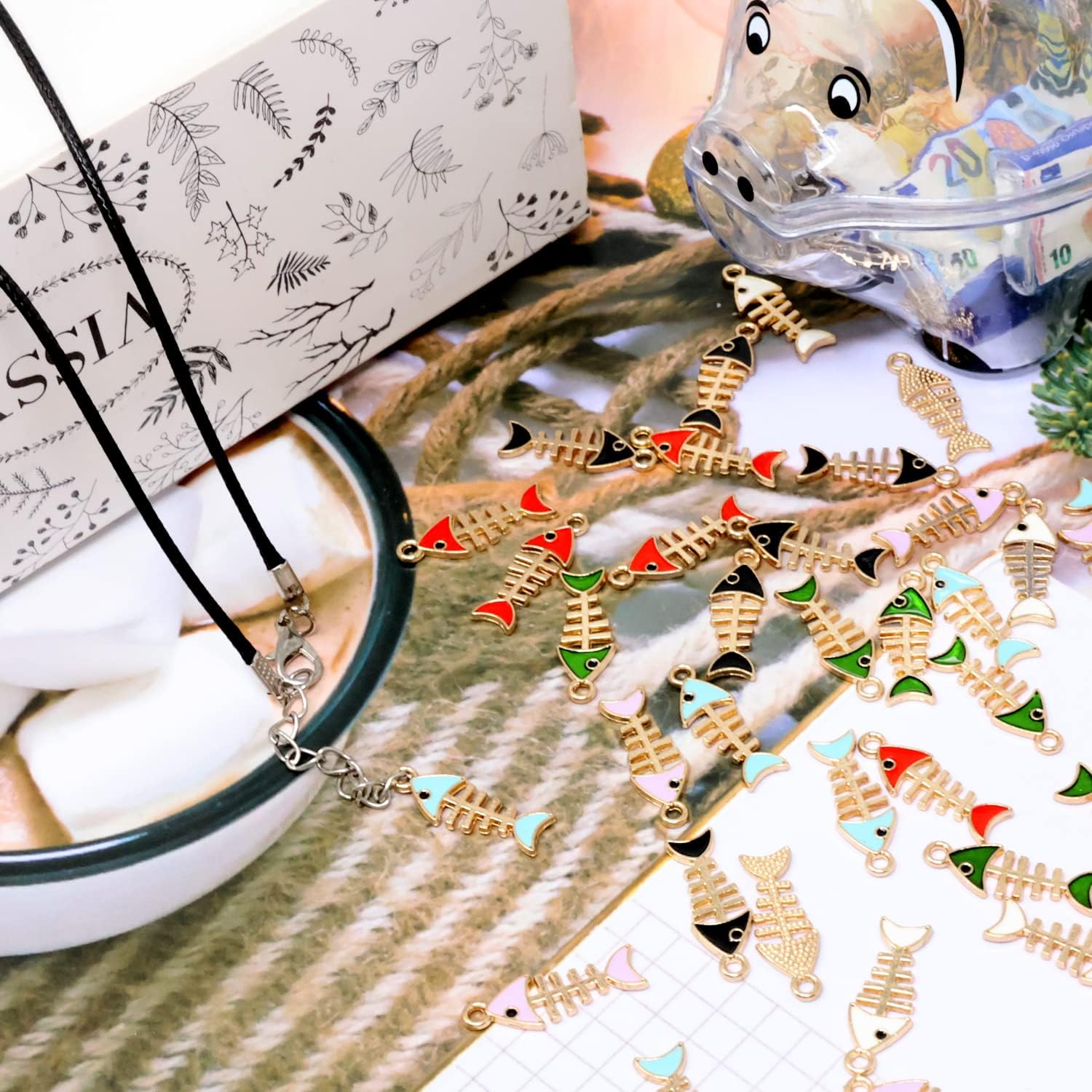 Honbay 36PCS Enamel Alloy Fish Bone Charms Pendant Fish Skeleton Pendants for Earring Necklace Bracelet Keychain Jewelry Craft Making (6 Color) - Image 5