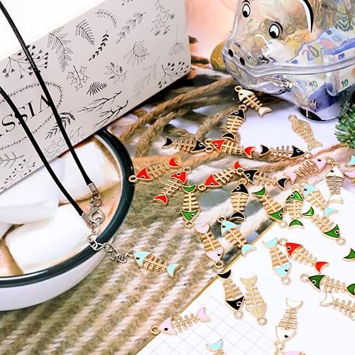 Miniatura 5 de Honbay 36 dijes de aleación esmaltada de hueso de pez colgantes de esqueleto de pescado para aretes collares pulseras llaveros fabricación de joyas