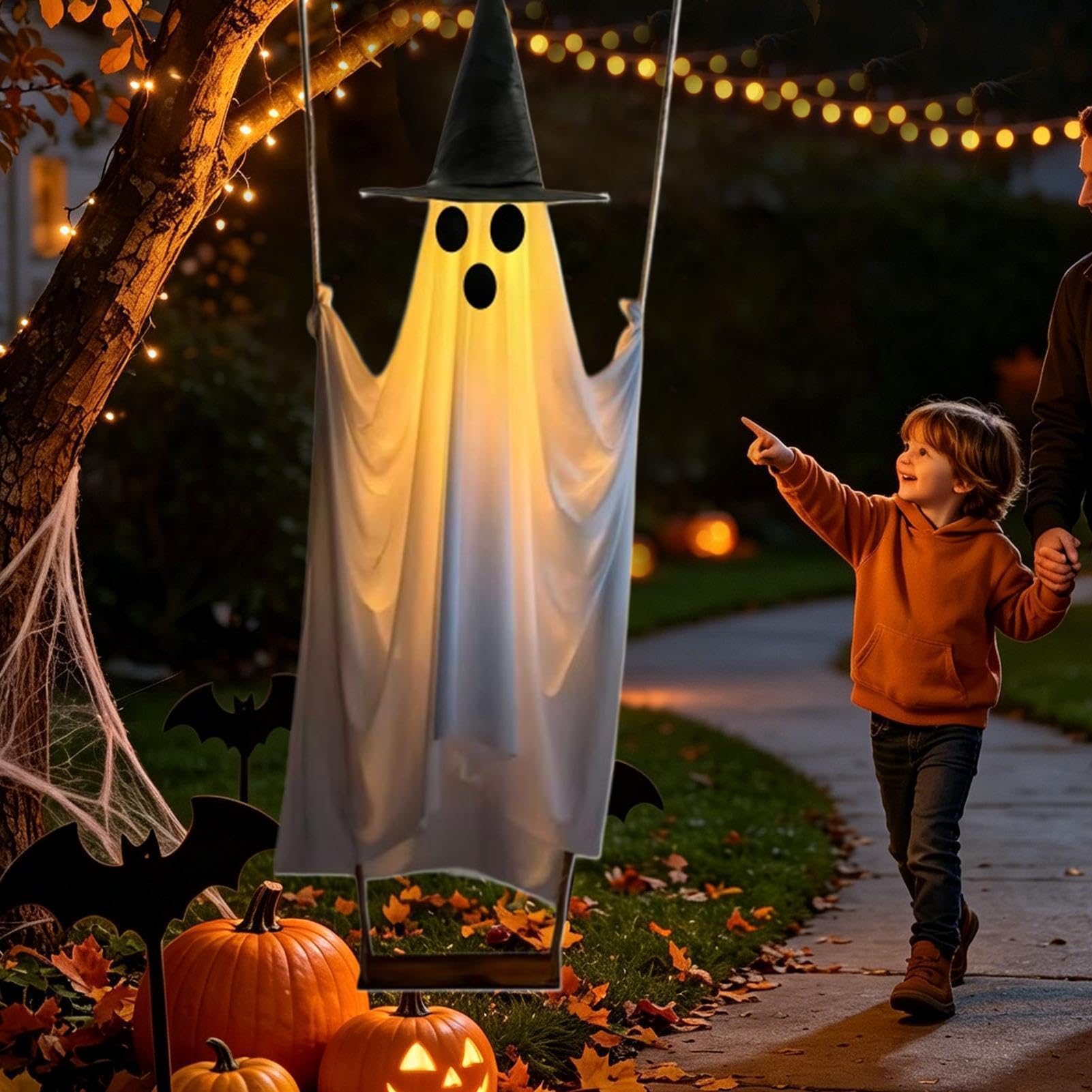 Halloween Swinging Ghost - Light Up Hanging Prop, Witch Hat Decoration