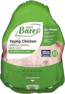 Just Bare Natural Fresh Whole Chicken | Antibiotic Free | Bone-In | Without Giblets & Neck | 5.0 LB