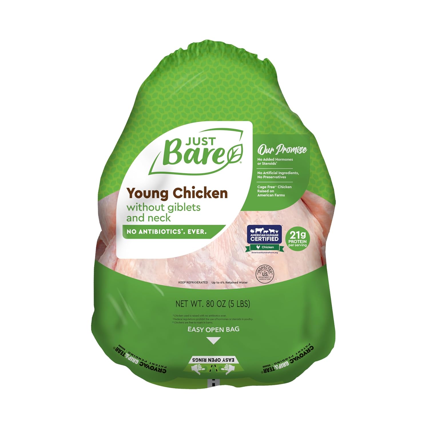Just Bare Natural Fresh Whole Chicken Antibiotic Free Bone-In Without Giblets Neck 5 0 LB