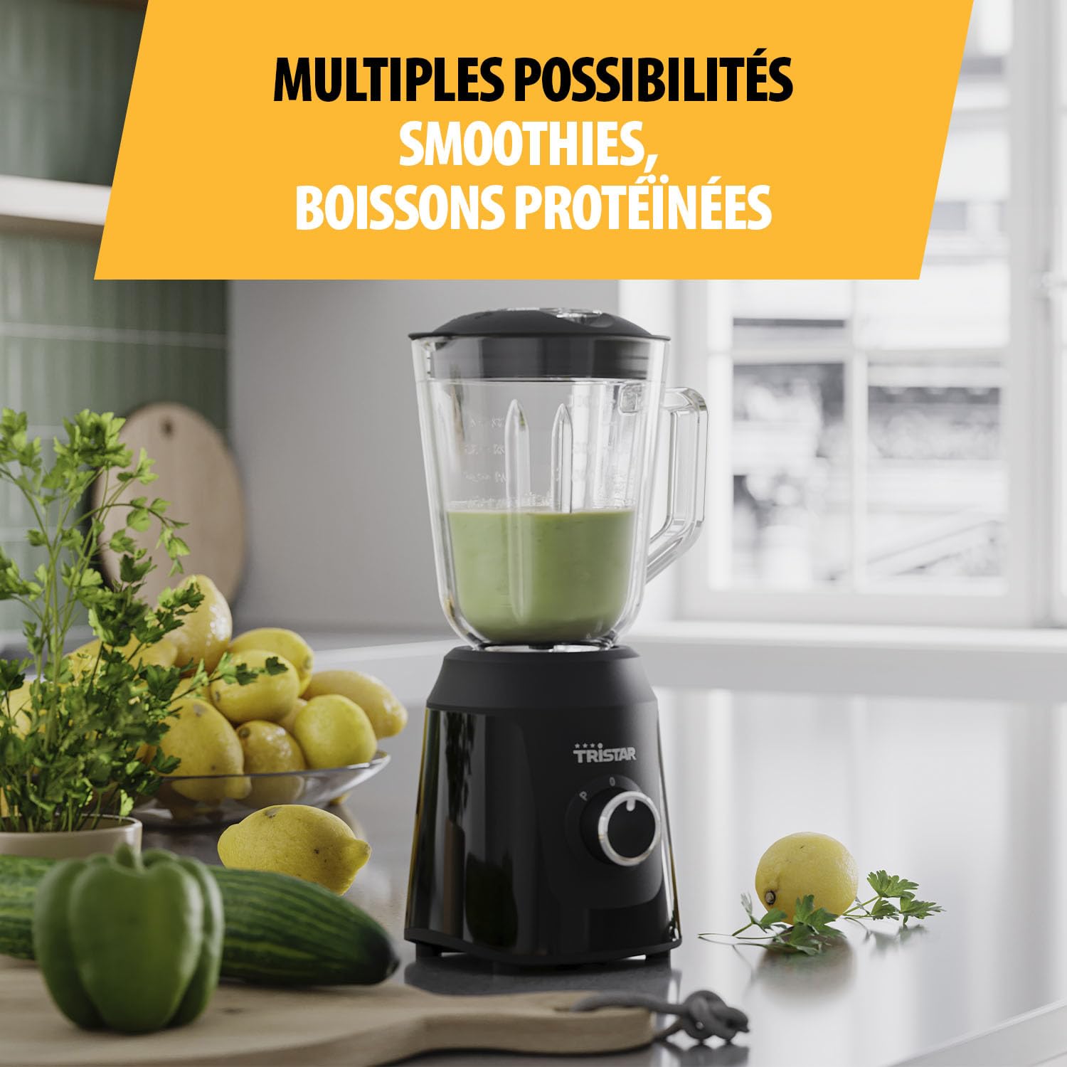 Tristar Blender, récipient en verre de 1 l, 2 vitesses, fonction pulse pour piler la glace, pièces résistant au lave-vaisselle, noir, 350 W, Smoothie Maker BL-4482