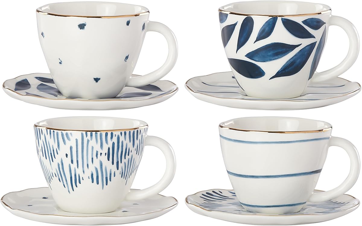 Set de 4 tazas y platillos expreso Lenox Porcelain Blue Bay, 2,45 lb | apto para lavavajillas, apto para microondas | diseño costero, 8 piezas | 4 oz, regalo para mujer, juego de tazas de té y platillos