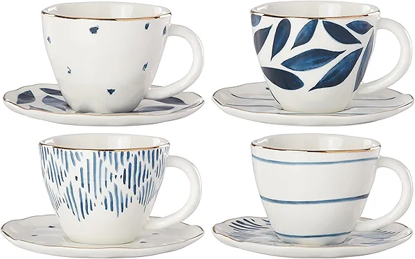 Lenox Porcelain Blue Bay 4-Piece Espresso Cup & Saucer Set, 2.45 LB