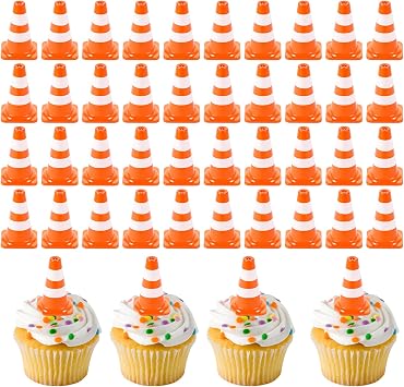 50pcs Mini Traffic Cones Cupcake Toppers Traffic Signs Cake Topper Safety Cones Cupcake Picks Miniature Barricades Food Picks Road Sign Cake Decoration for Baby Shower Kid Birthday Party Cakes Decor
