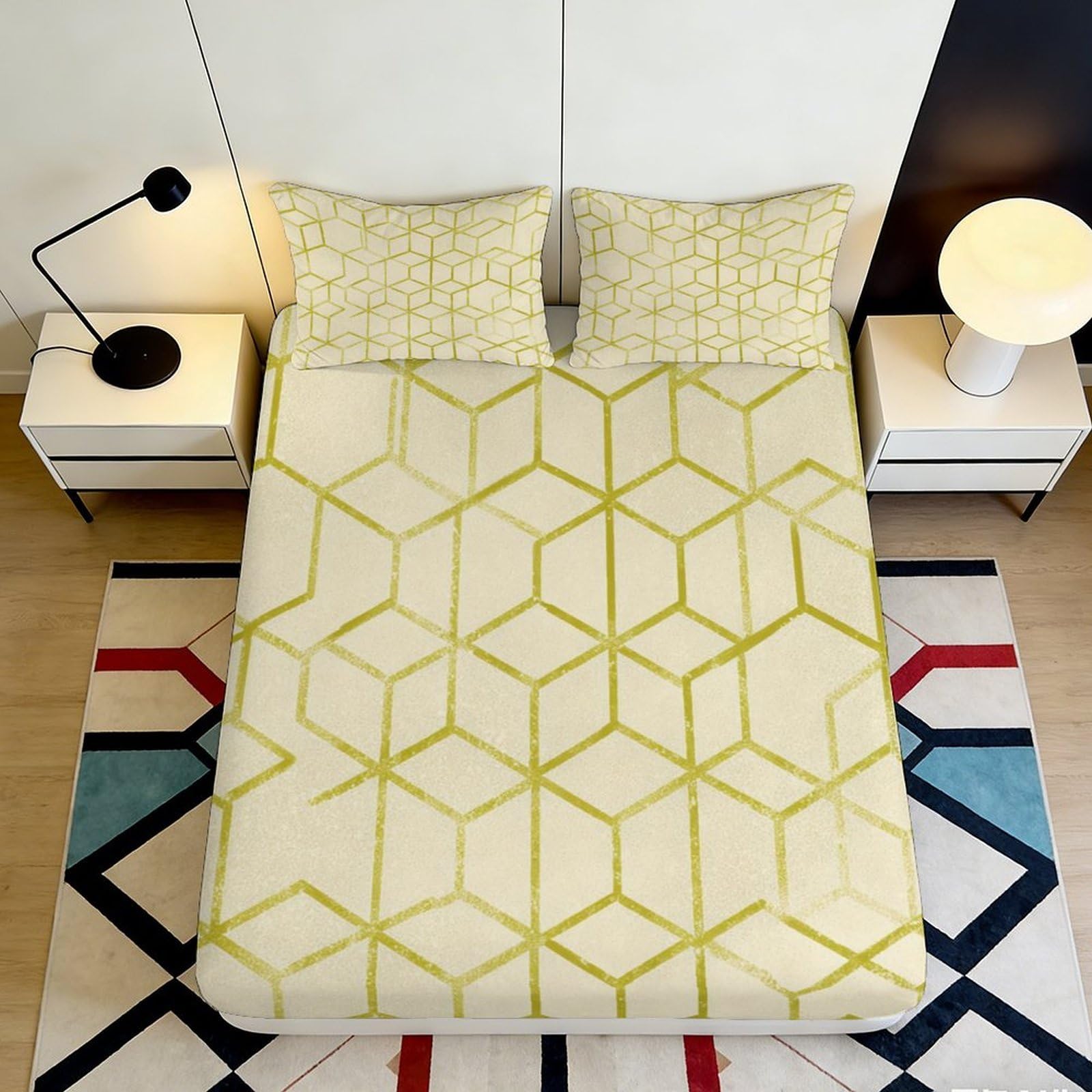 3D Printed Geometric Cube Fitted Sheet Microfiber Soft Yellow Pattern Mattress Cover for Bedroom Dorm Bed Protection 160x200x25cm