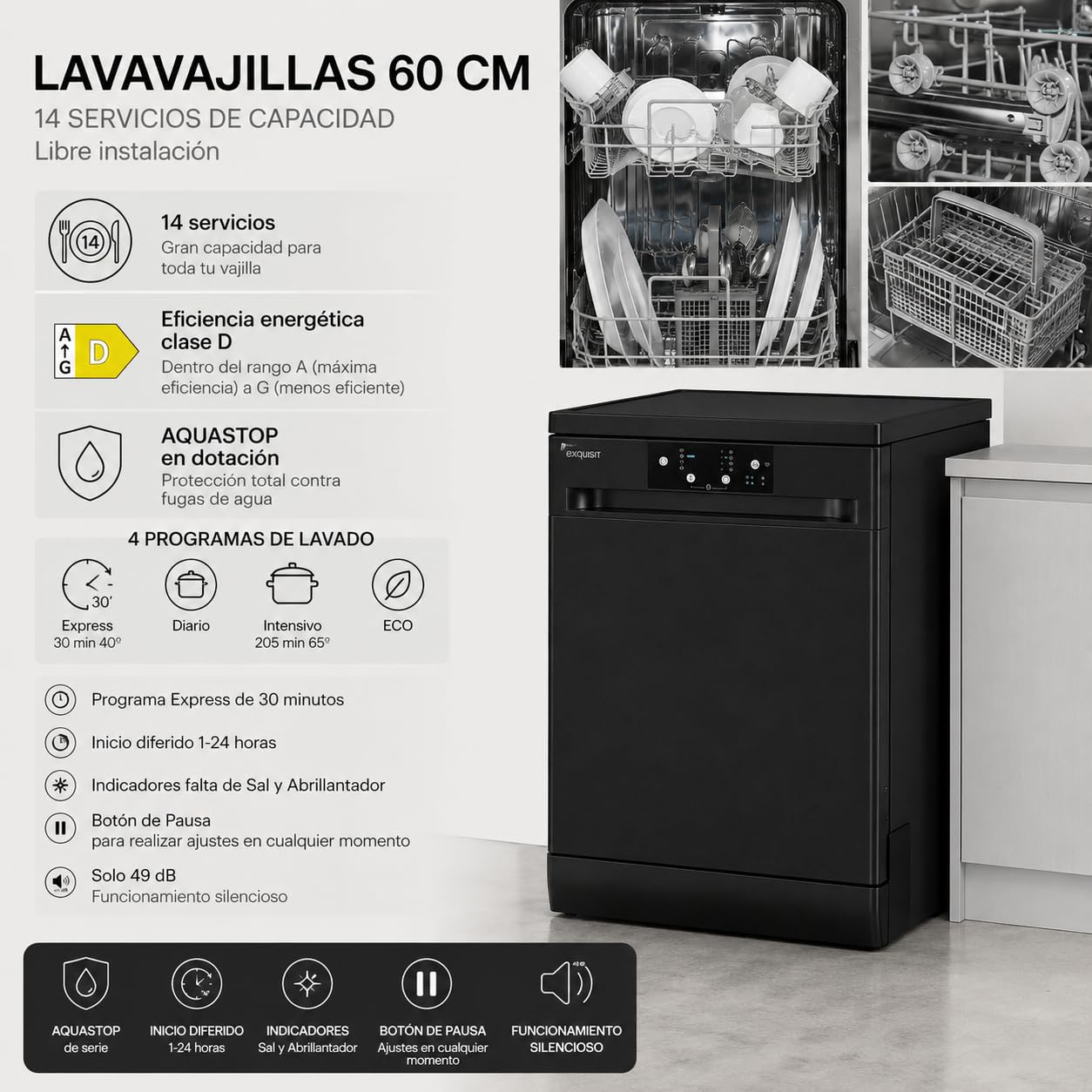 Exquisit® Lavavajillas 60cm Negro Libre Instalación 14 Servicios Clase D | 4 programas de lavado, inicio diferido, bajo consumo y funcionamiento silencioso para uso diario