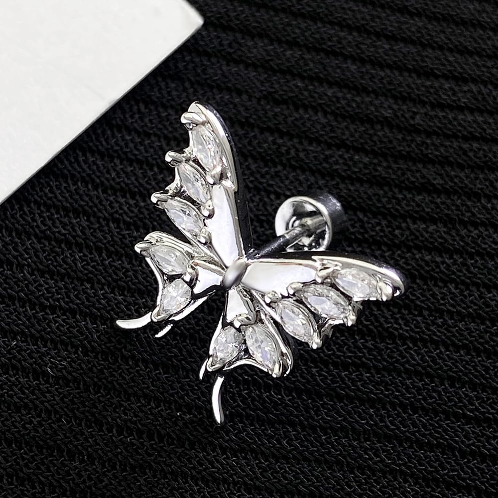 Dainty Butterfly Stud Cartilage Flat Black Earrings for Women Cubic Zirconia Wedding Tragus Screw Back Studs Stainless Steel 20g Barbell Piercing Body Jewelry Best Friends Niece Graduation Gift - Image 3