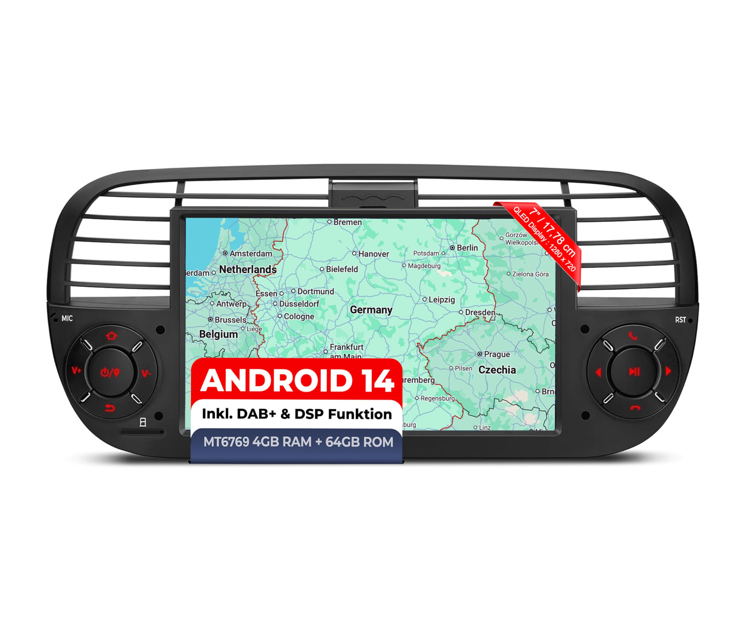 M.I.C. AFI7-L3 Android 14 Autoradio mit Navigation: MediaTek MT6769V, 4GB+64GB, 7 Zoll QLED Display, SIM, Wireless Apple CarPlay & Android Auto, DAB+, CANBUS, GPS – Ersatz für FIAT 500 2010-2015