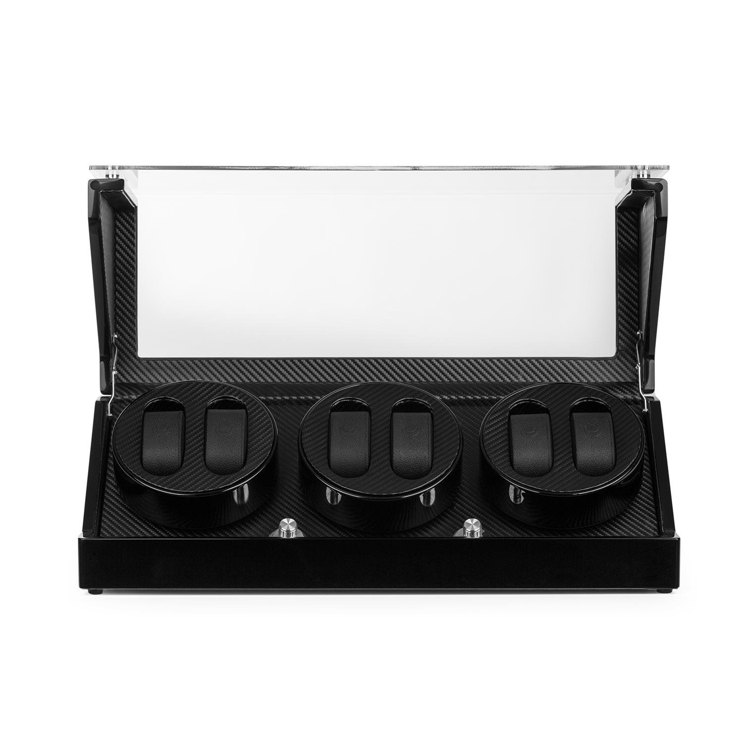KLARSTEIN CAPM - Estuche Vitrina para Relojes, Bobinadora, Ventana acrílica, Carcasa lacada, Hecha a Mano, Aspecto Fibra de Carbono, 4 programas de rotación, 3 bobinas para 6 Relojes, Negro