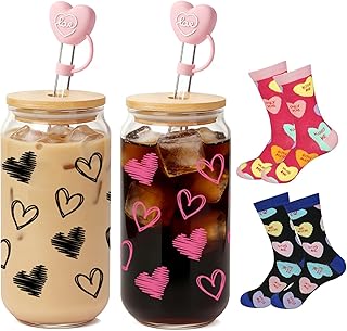 Valentine Cups with Socks, 2Pcs 18 OZ Hearts Glass Cups Gifts and 2 Pairs Warm Socks for Couple, Iced Coffee Cups,Glass Cups with Lids and Straws, Galentine Gift, Valentine Gifts for Him/Her