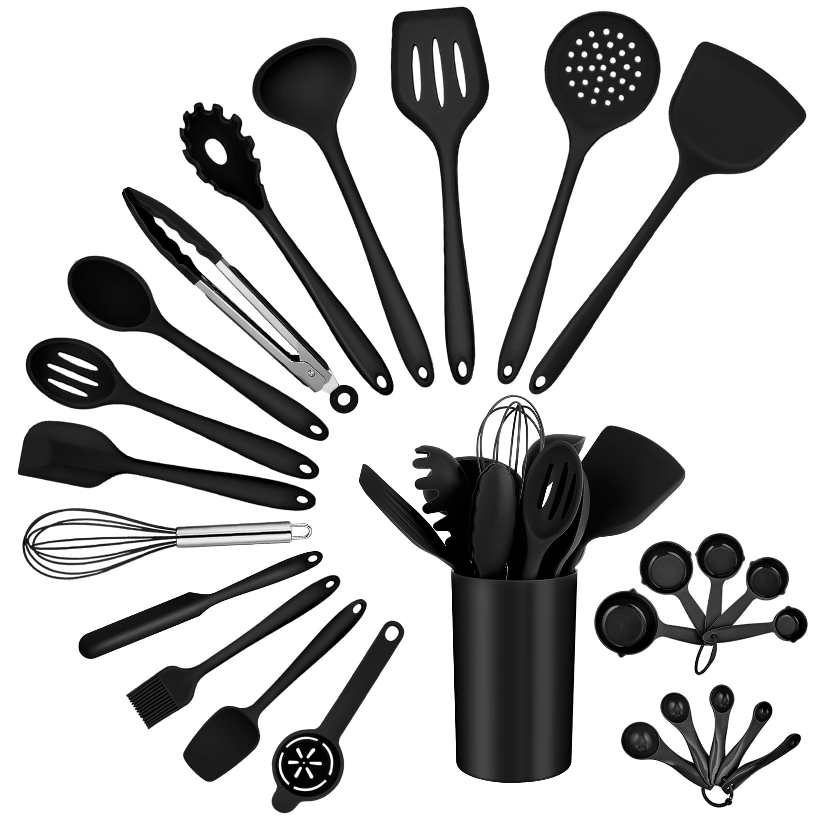 Onader Set di utensili da cucina in silicone, 25 pezzi (25, nero)