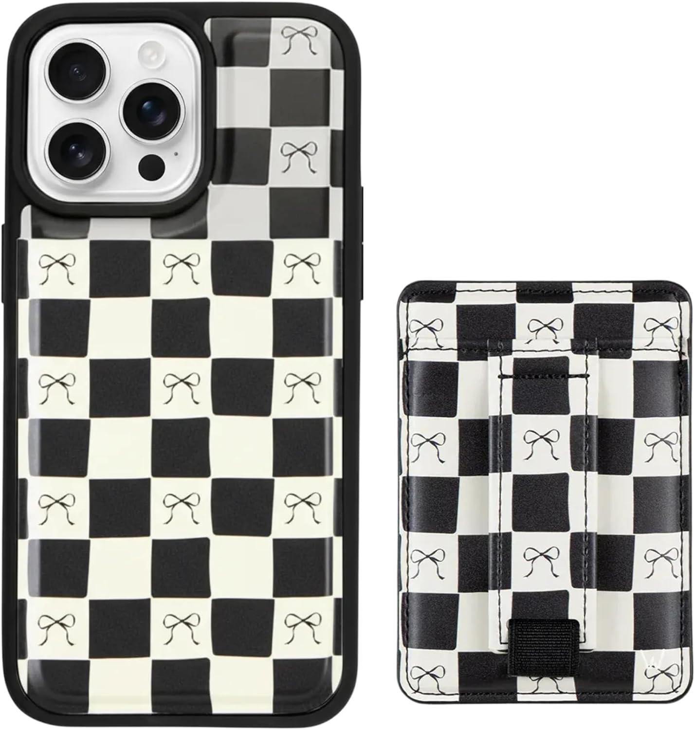 Walli Bundle for iPhone 16 Pro Max – Aesthetic Magnetic Phone Case + Compatible Magnetic Wallet with Card Holder, Kickstand & Finger Strap - Bow Noir