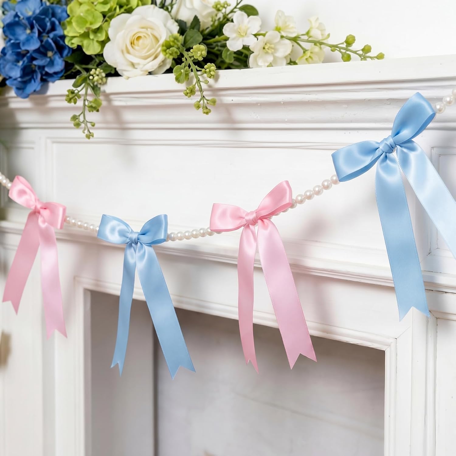 Riceshoot 2 Pack Black Bow Garland Banner with Pearl Chain, 6 ft Pre Strung Satin Ribbon Bow Decor for Coquette Birthday, Baby Shower, Bridal Shower, Bachelorette, Wedding, Engagement, Graduation