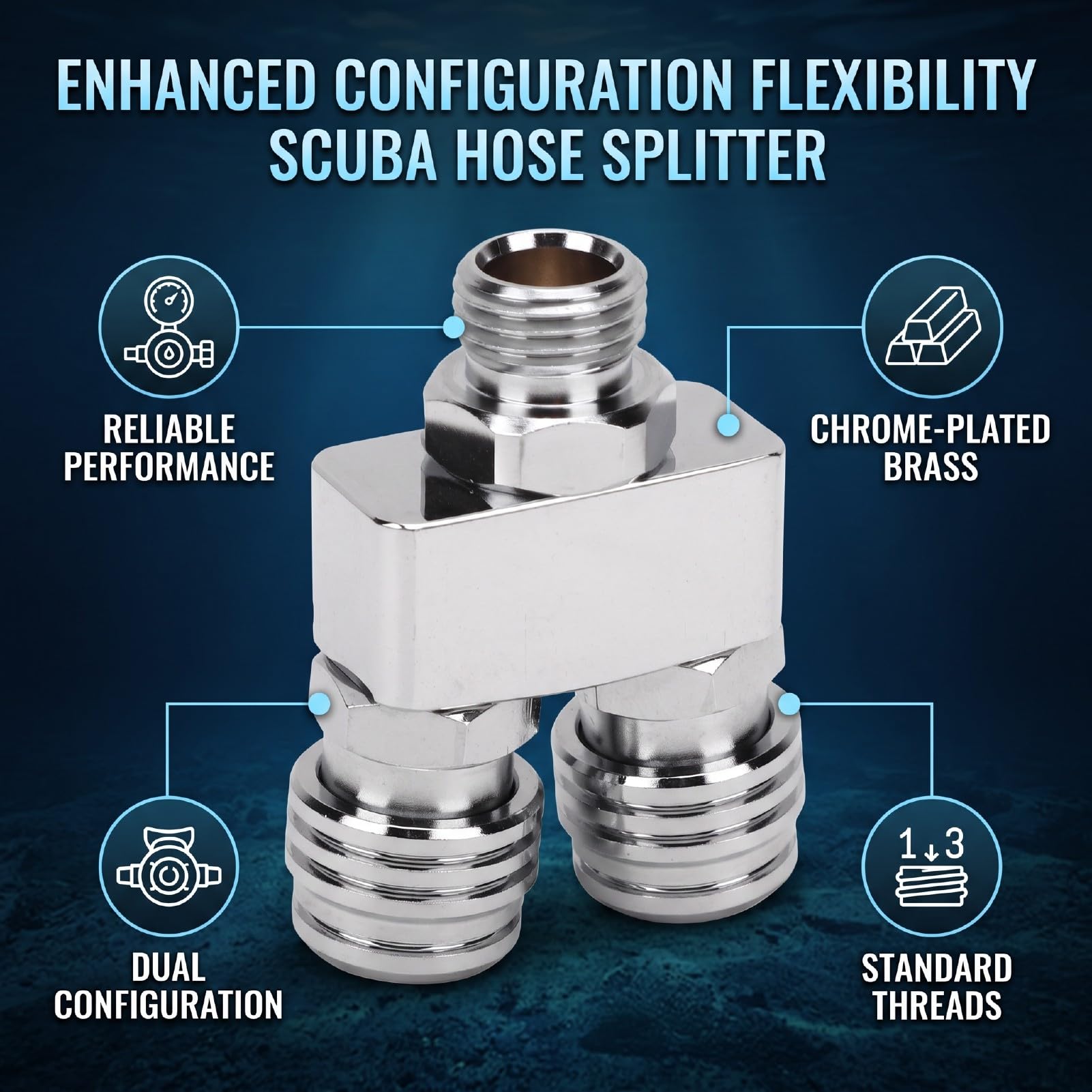 Scuba LP Hose Splitter, Low Pressure Brass Adapter | Costruzione in ottone, nominale 200 psi, filettatura standard 9/16-18 UNF, collegamento a doppio tubo