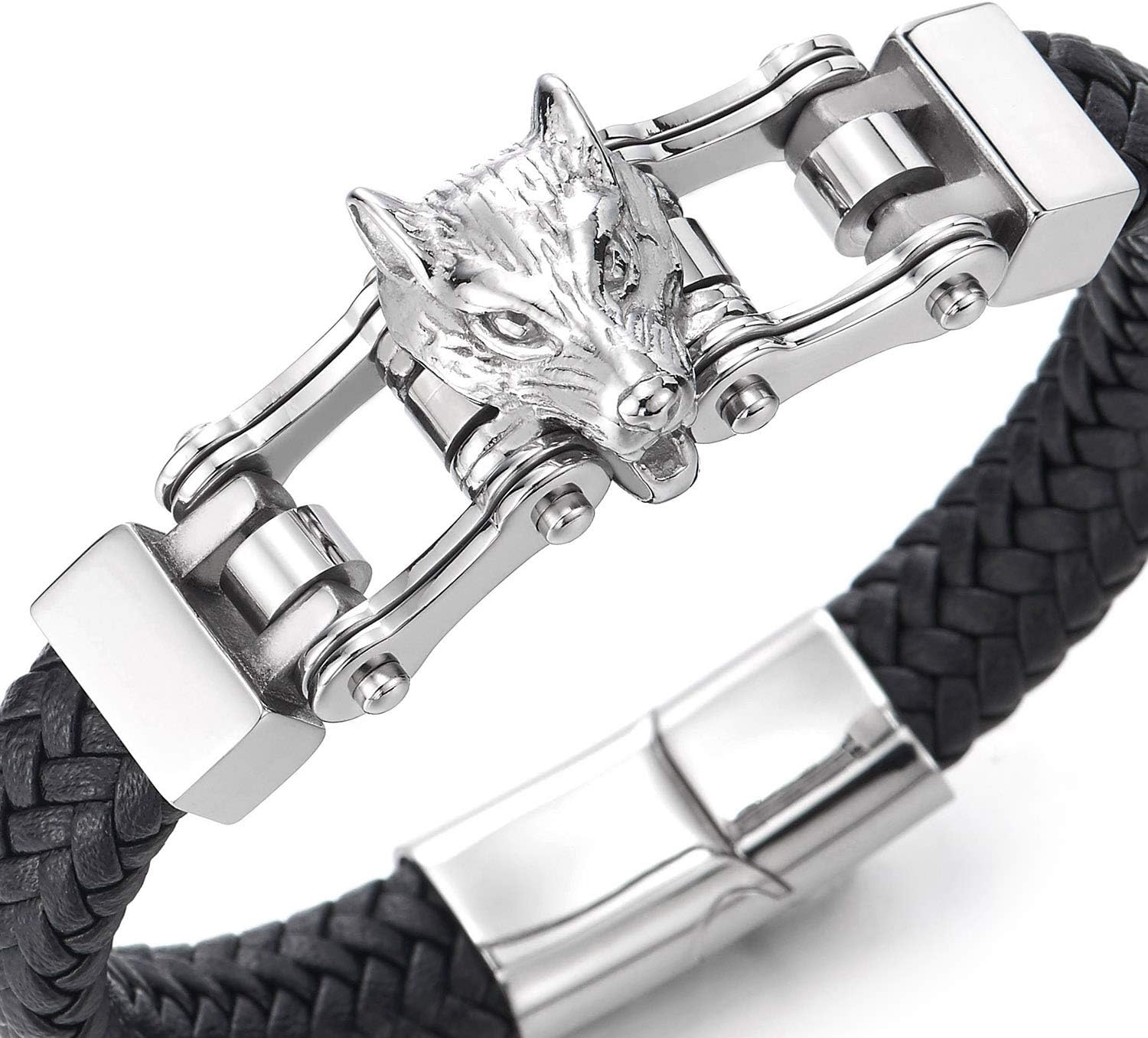 COOLSTEELANDBEYOND Mens Steel Wolf Head Motorcycle Bike Chain Black Braided Leather Bangle Bracelet - Image 2