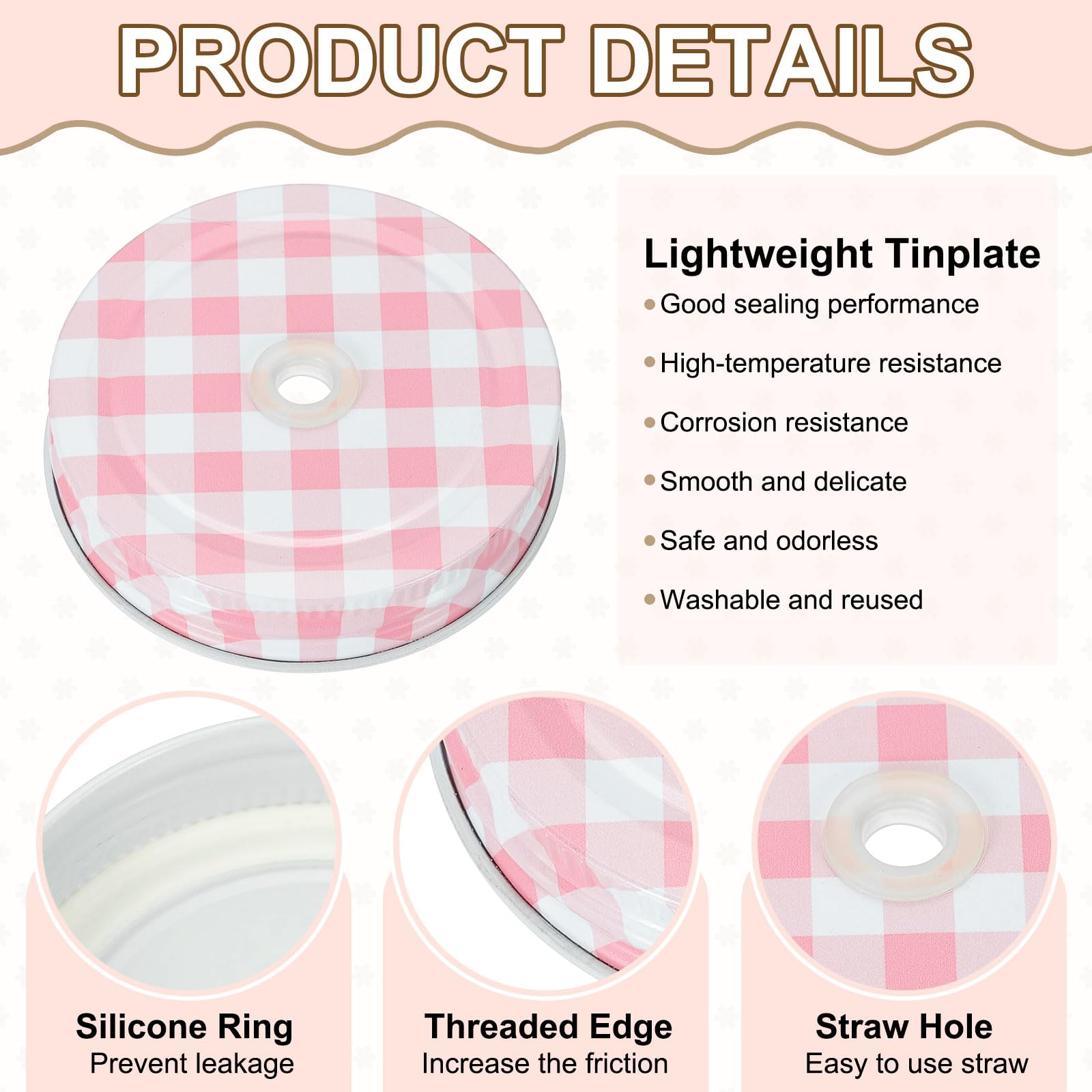 QUARKZMAN 16Pcs Coperchi per Barattoli Mason 70Mm in Latta A Bocca Standard con Foro per Cannuccia Riutilizzabili per Bottiglie di Conservazione Bottiglie d'Acqua E Barattoli Gingham Rosa