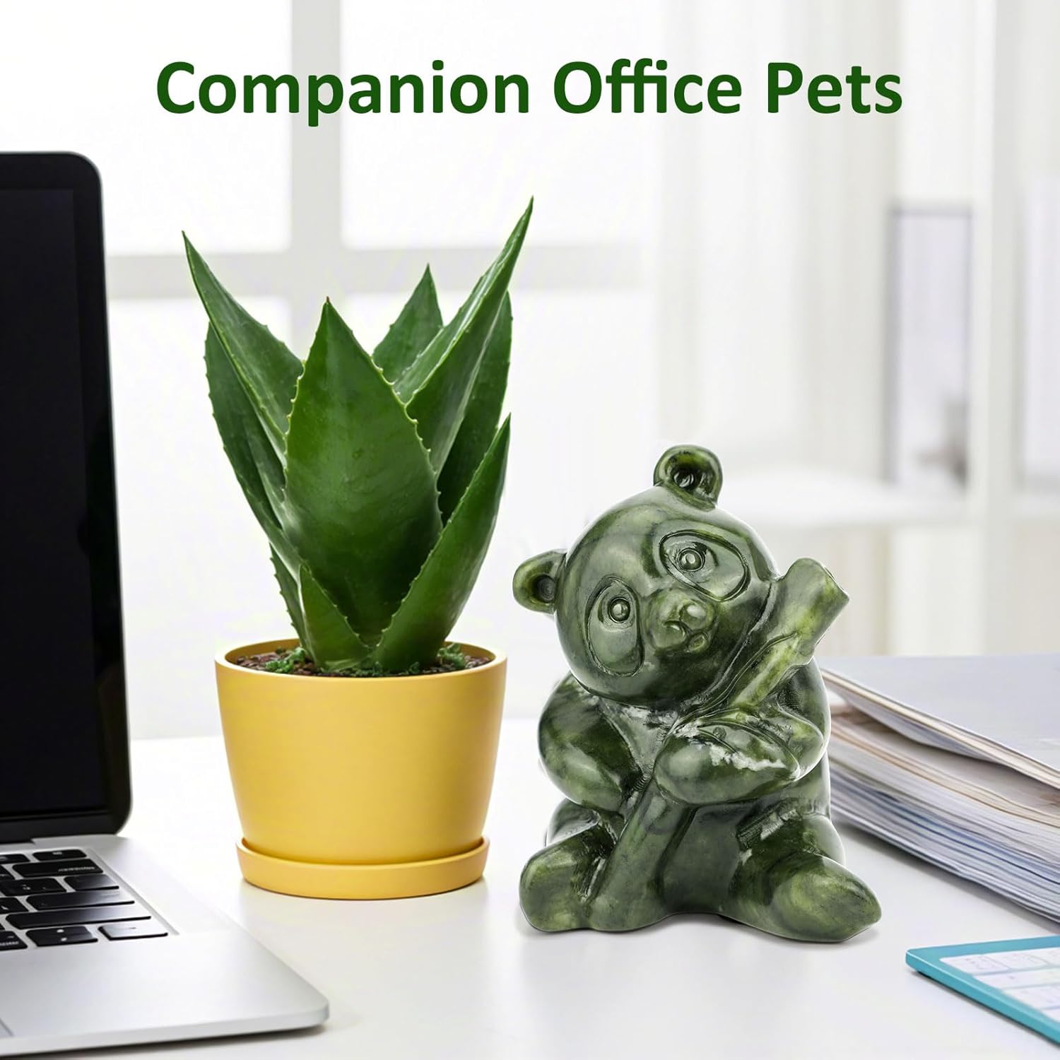 gemshan Green Jade Panda Statue - Natural Jade Figurine for Home Decor, Desk & Living Room