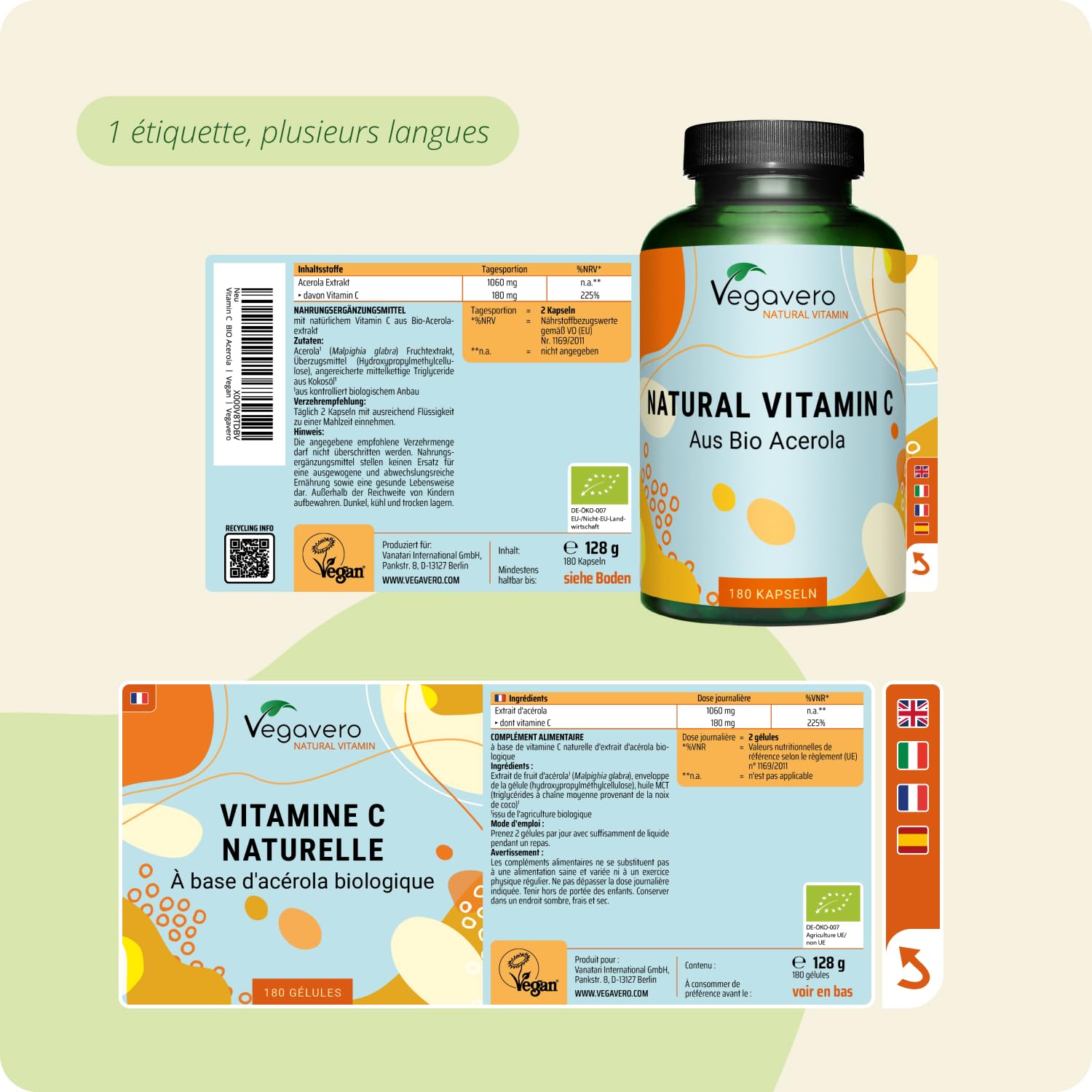 Acerola Vitamine C BIO Vegavero® | UNIQUE : 100% NATURELLE - Sans Additifs | Extraction en FRANCE | 180 Gélules | 1060 mg d’Extrait Par Dose | VEGAN