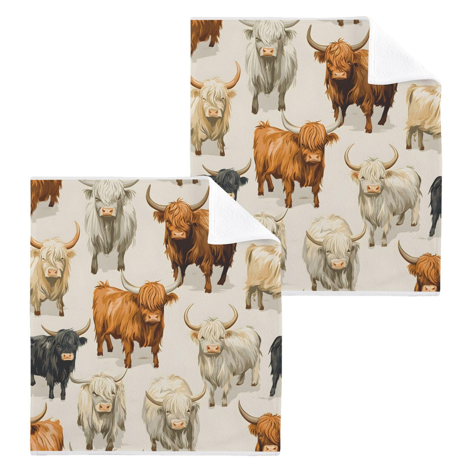 ALAZA Wash Cloth Set 100% Cotton Fingertip Towels Face Cloths Sets Neutral Colors Highland Cows Highly Absorbent Soft Feel Set of 2
