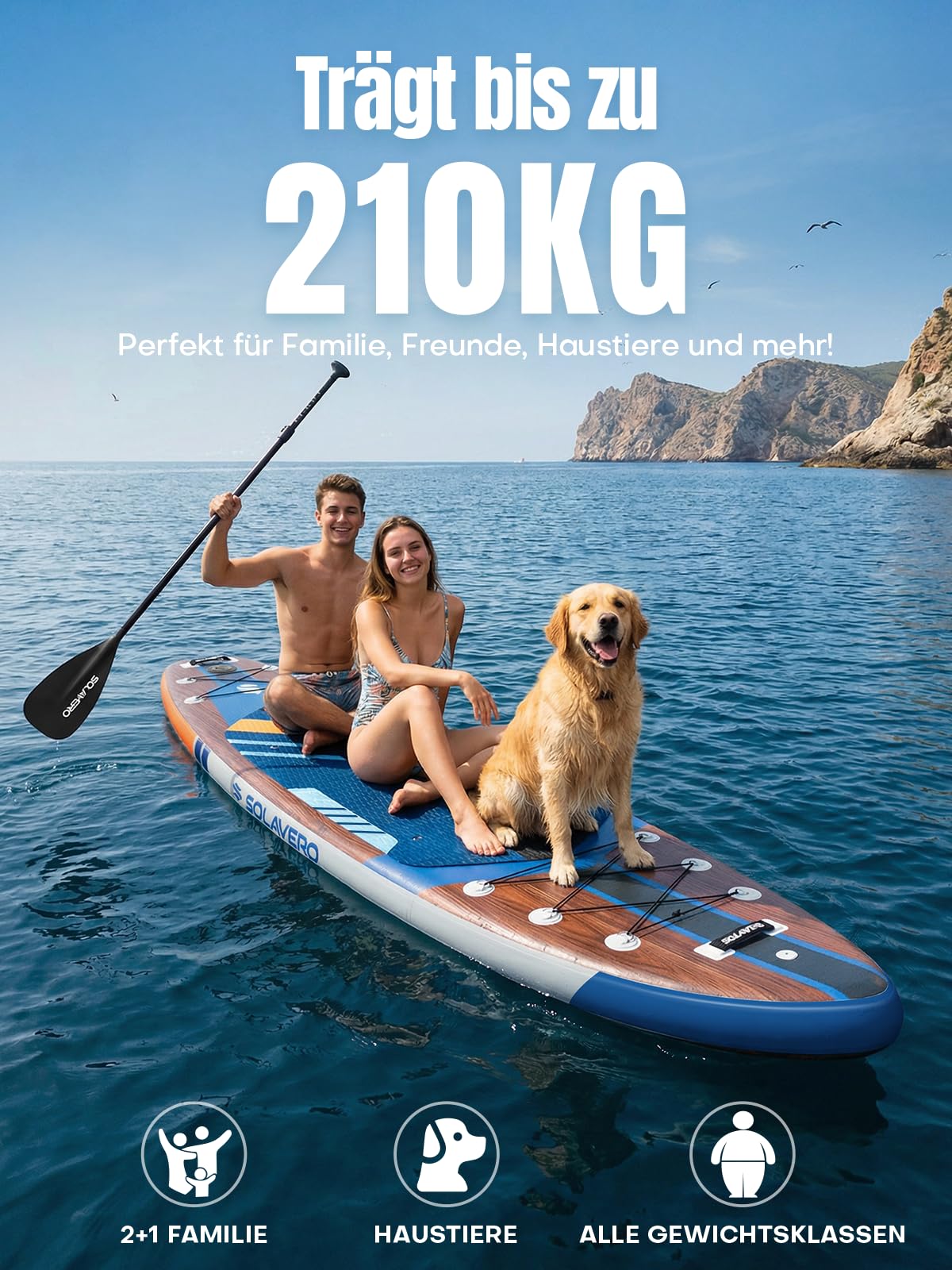 SOLAVERO Stand Up Paddling Board mit Sitz & Allem Zubehör, 350×89×15 cm | Verstellbares Doppelpaddel, Drop-Stitch PVC, Action-Cam-Halterung, für Anfänger, Familien & Touren, Extra Groß, bis 210kg