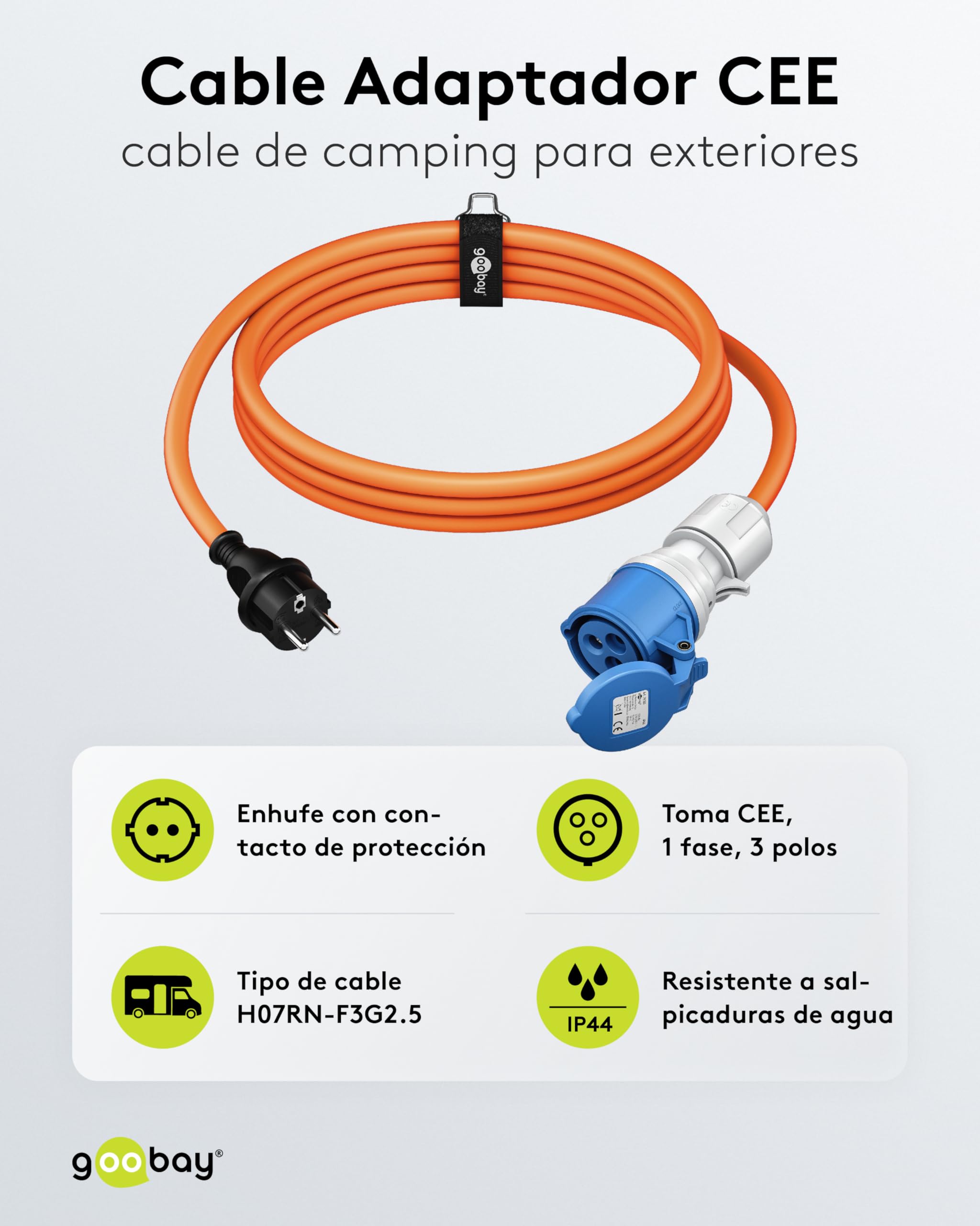 goobay Cable Adaptador CEE para Caravana, 5m, Enchufe con Contacto de protección a Toma CEE con Tapa de Cierre, IP44, Cable de Camping, autocarava y Caravana, 76219