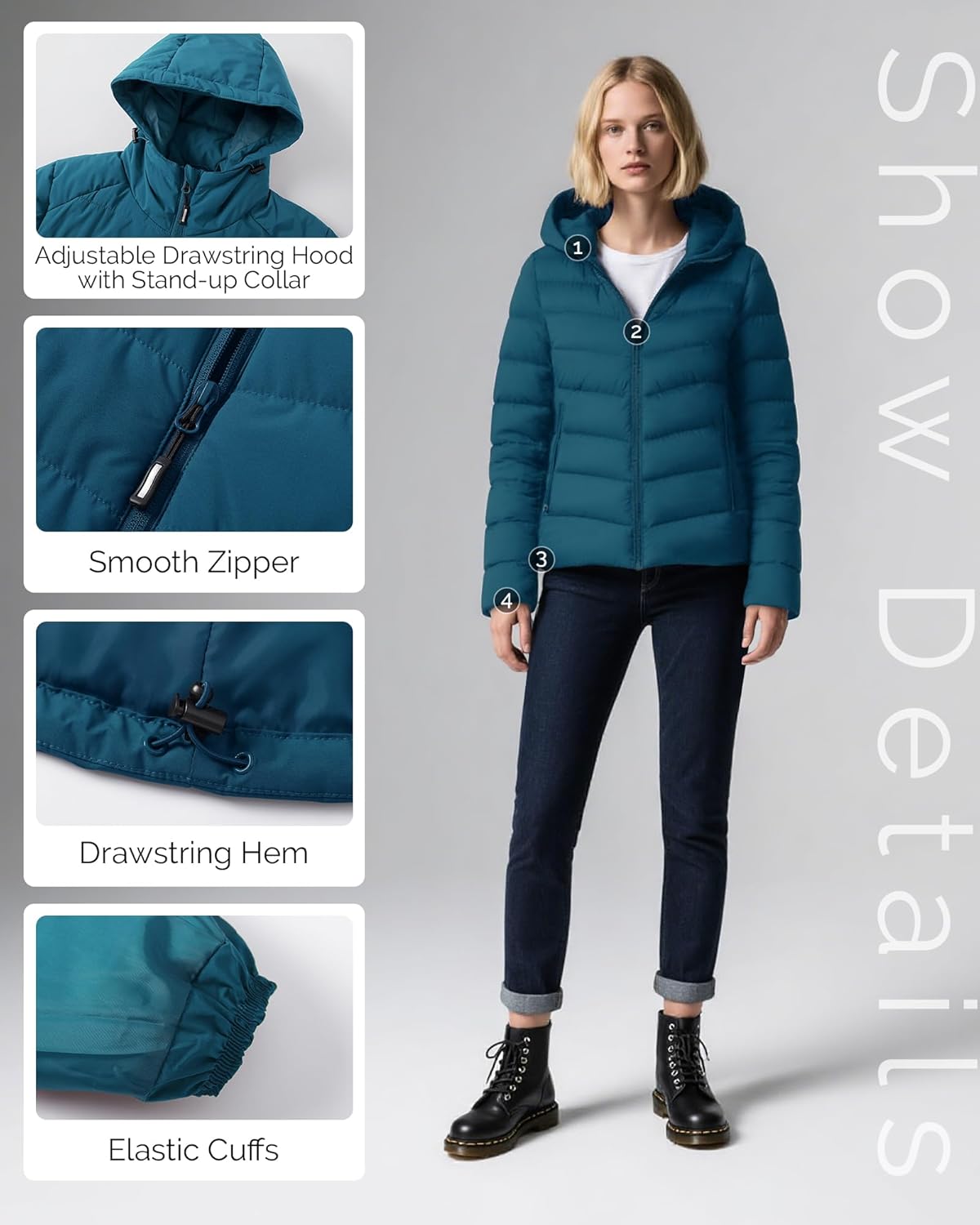 Outdoor Ventures Women's Hooded Puffer Jacket Waterproof Lightweight Full-Zip Warm Quilted Winter Coat - Image 6
