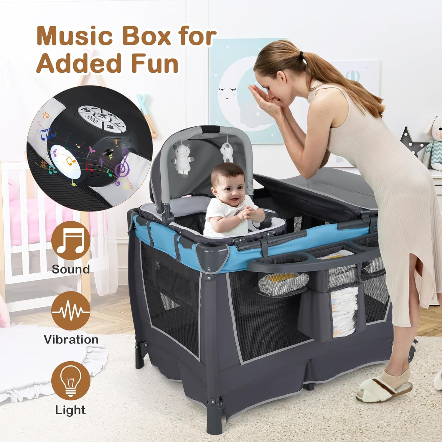 HONEY JOY Pack and Play, 5 in 1 Portable Infant Playpen with Bassinet & Changing Table, Storage Bag, Music Box, Toys, Carry Bag, Nursery Center, Baby Playard Pack n Play Crib for Boys Girls